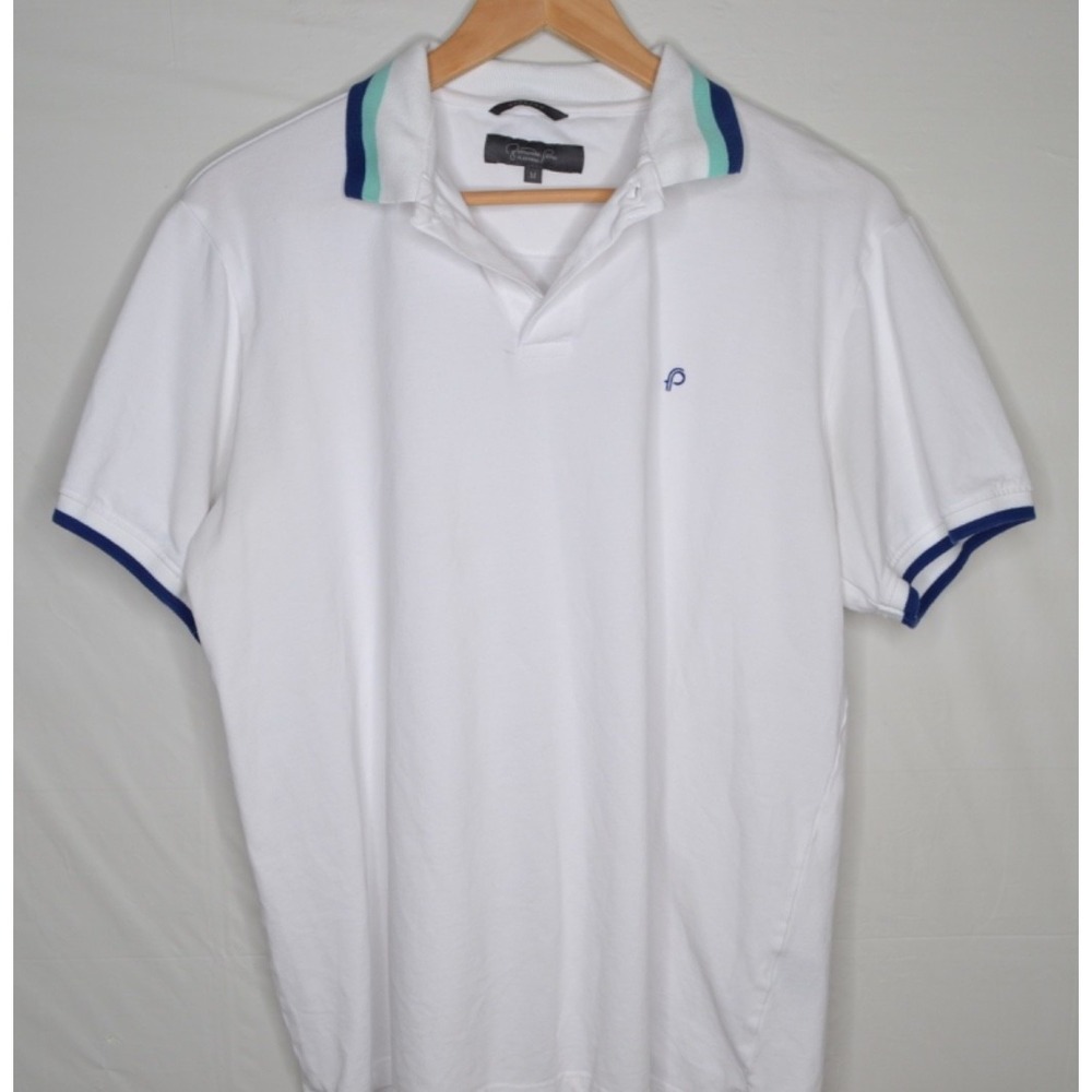 Fernando Pena Platinum Stretch White Blue‎ And Teal Accent Polo Size M